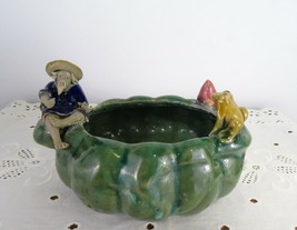 Vintage Lotus Man Fishing Frog Green Majolica Style Ceramic Bowl Planter Pot - £32.85 GBP