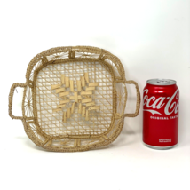 Vintage Lacey Woven Wicker Grass Basket with Handles Square Boho Cottage Decor - $8.86