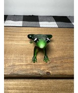 Lampwork Hand Blown Art Glass Green Spotted Silver Frog Figurine 2&quot; Long - $12.19