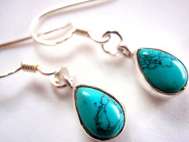 Blue Turquoise Small Pear Shaped Dangling 925 Sterling Silver Earrings dangle - £9.34 GBP
