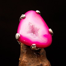 Sterling Silver Ring with fancy shaped pink Druzy Agate Cabochon Size 7.5 - £55.36 GBP