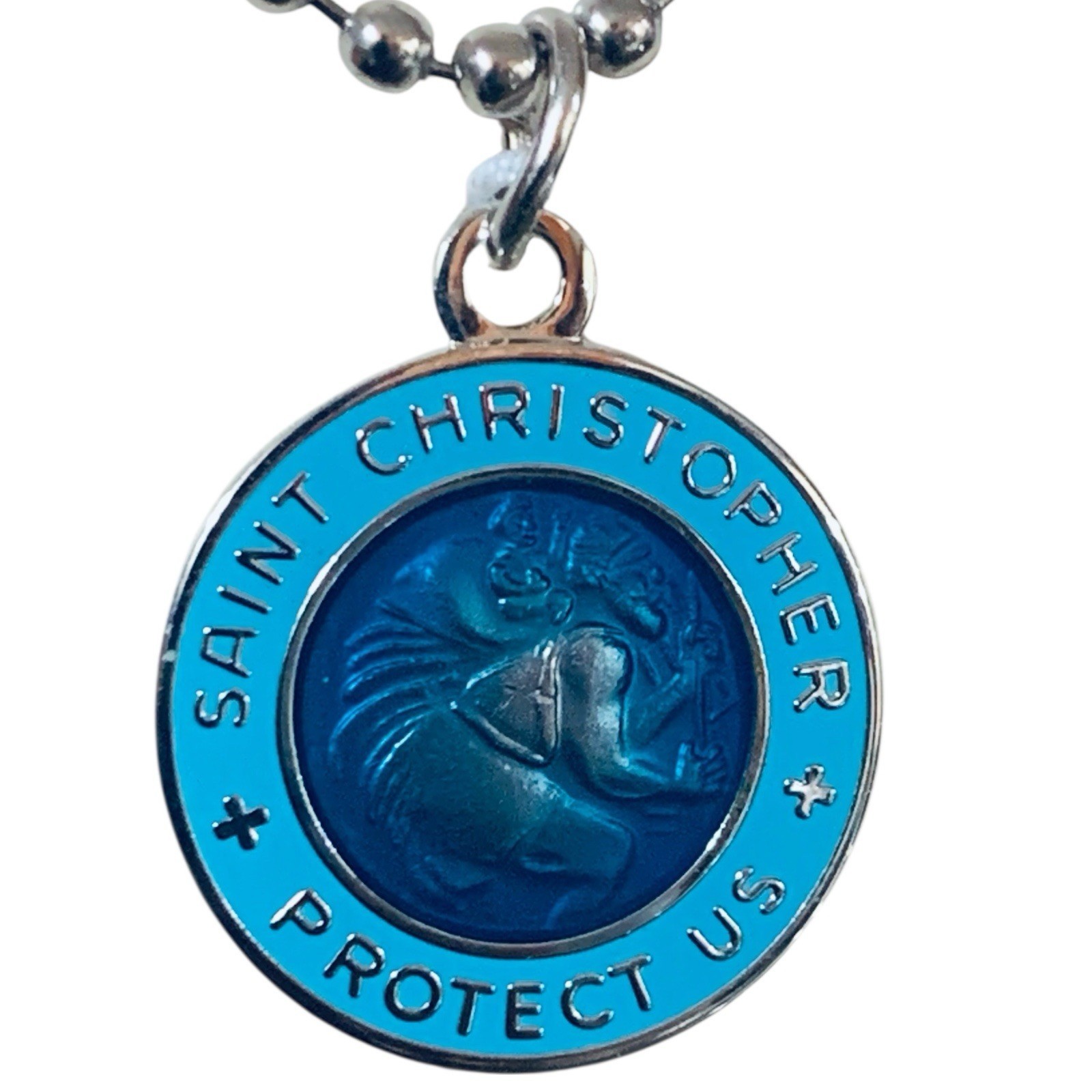 SAINT CHRISTOPHER Medal Silver Plated Hand-Enameled Royal Blue 18&quot; Ball ... - $82.50