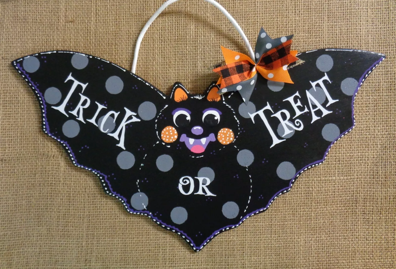 Halloween BAT Pumpkin SIGN Wall Door Hanger Plaque Trick or Treat Purple... - $25.99