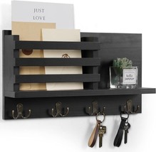 Mail Rack Key Holder Hanger Wall Letter Organizer with Shelf &amp; Hooks Rustic Wood - £29.22 GBP