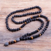 Black Lava Stones Wood Beads Men&#39;s Hematite Buddha Bead Necklace Handmade Gift - £15.01 GBP