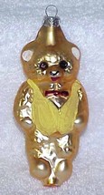 Vintage Glass Teddy Bear Christmas Ornament w/ Yellow Vest - NOS Germany - £7.83 GBP