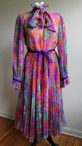 Vtg 70s Mignon 34&quot; Bust Multicolor Floral Pleated Chiffon Midi Dress Mon... - £196.82 GBP