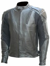 Men Grey Motor Biker Front Zipper Handmade Genuine Leather Safety Pads Jacket - £130.55 GBP