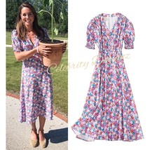 Kate Middleton Inspired Lavender Floral Midi Dress with V-neck and Short Sleeves - $93.25