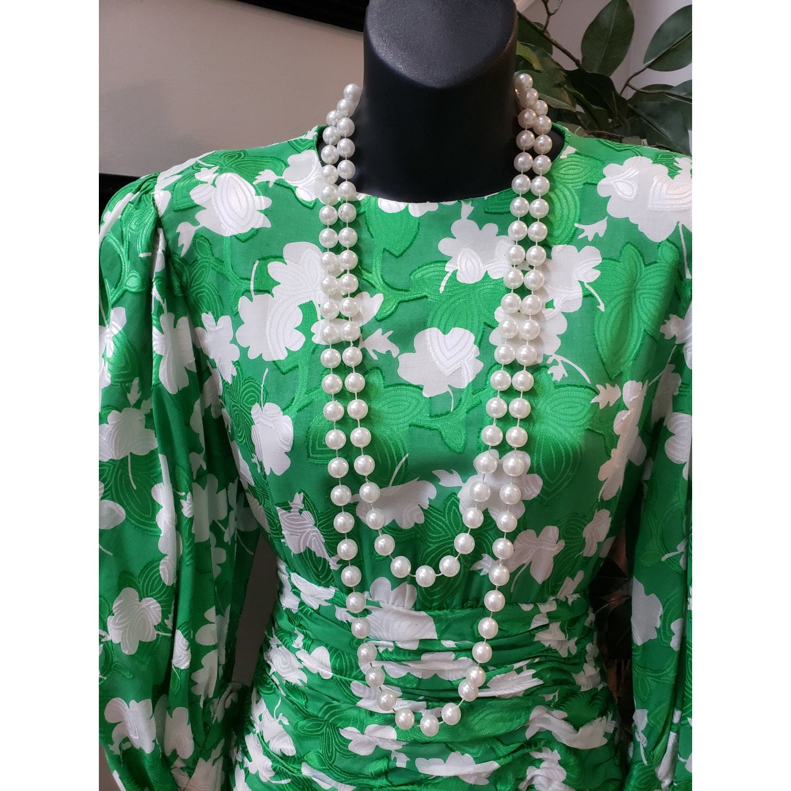 VTG Maxi Dress Women's Small Green Floral Lined Crew Neck Long Sleeve Back Zip Item image 2