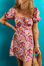 Red Floral Puff Sleeve Square Neck Knot Open Back Mini Dress - $16.31
