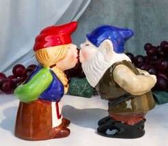 Kissing Mr &amp; Mrs Gnome Couple Magnetic Salt Pepper Shakers Ceramic Figur... - $16.99