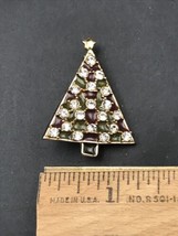 VTG Red &amp; Green Enamel Christmas Tree w/ Rhinestones Gold Tone Brooch Pin - $9.49