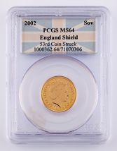 2002 England Shield Gold Sovereign Graded by PCGS as MS-64 (53rd Coin St... - $3,331.50
