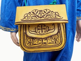 Vintage Handmade Berber Shoulder Bag, Moroccan Yellow Leather Cross-body Bag, Un - £109.63 GBP