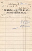 BALTIMORE MARYLAND MD~BENTLEY SHRIVER &amp; CO.-IMPORTERS-SARATOGA ST~1907 B... - £4.61 GBP