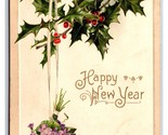 Holly Flowers Ribbon Happy New Year Embossed DB Postcard J18 - $3.91