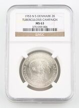 1953-H NS Danemark 2 Kroner Pièce Argent MS-63 NGC Greenland Tuberculose... - $3,237.10 MXN