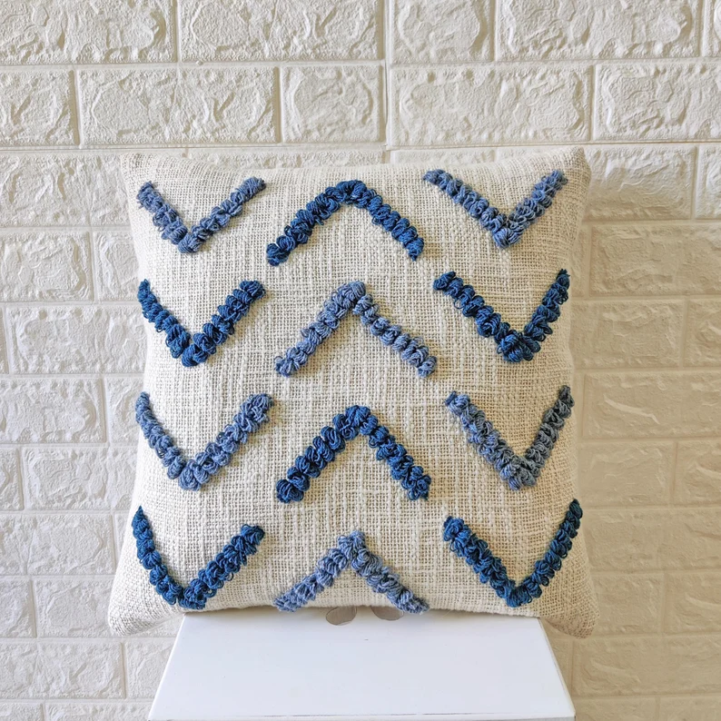 Embroidered Cushion Cover Teal Blue &amp; Gray Handmade Decorative Textured ... - £40.05 GBP