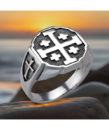 925 Sterling Silver Jerusalem Cross Octagon Signet Ring – Mens Religious... - $123.46 CAD