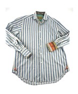 Robert Graham Dress Shirt Mens Medium Long Sleeve Blue Tan Striped Butto... - $33.48 CAD