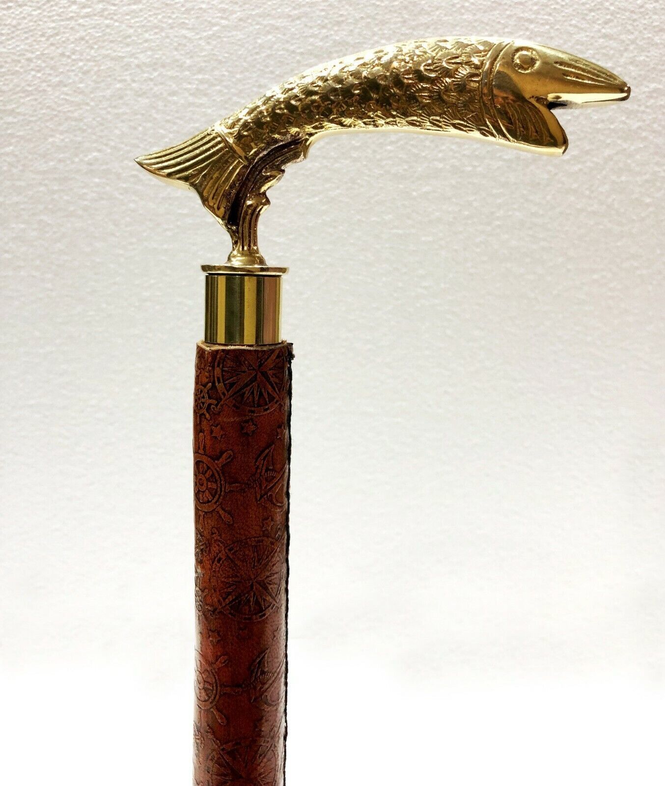 Primary image for Antique 3 fold Designer Brass Style Wooden Fish Handle Folding Brown Leather