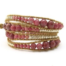 Earthy Gems Pink Rhodonite Stone Snake Cord Leather Wrap Bracelet - £21.24 GBP