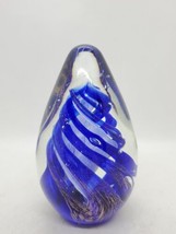 Art Glass Teardrop Paperweight Clear Cased Cobalt Blue Rose gold tone Swirl - £19.71 GBP