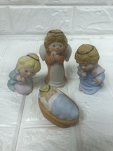 Vintage Set Of 4 Porcelain Bisque Christmas Angels Praying Baby Jesus Nativity - £21.29 GBP