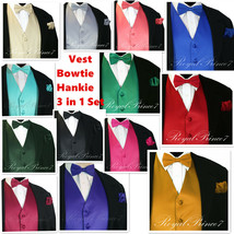 MEN SOLID PROM Tuxedo Suit Dress Vest Waistcoat &amp; BOW TIE HANKIE Wedding... - $21.63+
