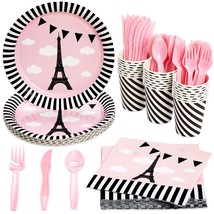 144-Piece Paris Birthday Party Decorations, Disposable Tableware Set, Serves 24 - £31.16 GBP