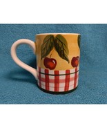 Lillian Vernon Red Cherries &amp; Striped Fence Drinking Coffee Tea Mug Ceramic - $279.29 MXN