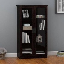 Espresso Wooden Glass Door Bookcase Bookshelf Media Cabinet Display Storage - £332.45 GBP