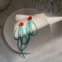 2022 Retro Red Flower Acrylic Blue Beads Tassel Long Drop Earring For Women Girl - £10.50 GBP