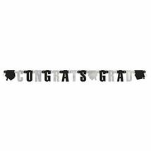 Congrats Grad Jointed Banner 4.5 Ft Graduation Caps Black Silver - £3.17 GBP