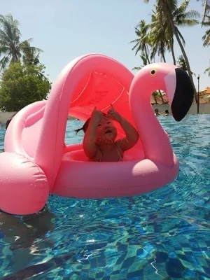 Children&#39;s Pink Flamingo Sunshade Seat Ring Baby Inflatable White Swan Lifeguard - £27.10 GBP