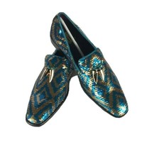 Men&#39;s Turquoise Gold Sequins Dress Loafers with Gold Metal Tassel Sizes ... - £70.78 GBP