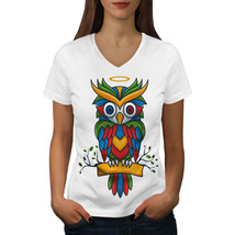 Wellcoda Bright Colorful Owl Womens V-Neck T-shirt, Nature Graphic Design Tee - £16.16 GBP
