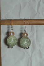 Sterling Silver 15mm Carved Jade and Pearls Earrings - £7.15 GBP