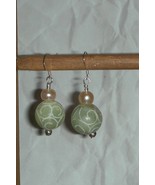 Sterling Silver 15mm Carved Jade and Pearls Earrings - £7.18 GBP
