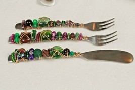 Capco Winco Stainless Steel Purple Plum Green Glass Bead &amp; Wire Wrapped Utensils - £15.16 GBP