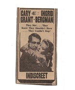 VINTAGE 1958 Indiscreet Newspaper Advertisement Cary Grant Ingrid Bergman - £15.48 GBP