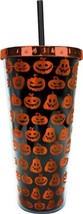 Pumpkins and Jack-o&#39;-Lanterns Images 16 oz Foil Travel Cup with Straw NEW UNUSED - £11.77 GBP
