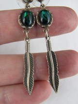 vintage STERLING SILVER &amp; GREEN GEM earings southwest 925 FEATHER 2&quot; WM CO. - $32.71
