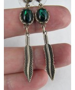 vintage STERLING SILVER &amp; GREEN GEM earings southwest 925 FEATHER 2&quot; WM CO. - $646.77 MXN