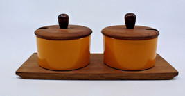 Luthje Mid Century Modern Teak 2 Condiment Set Lid Tray Yellow Made in Denmark - £28.44 GBP