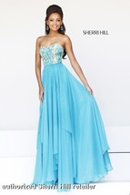 Sherri Hill Embroidered Bodice Strapless Chiffon Gown Sz 4 Turquoise - £102.53 GBP