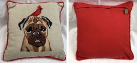 Pier 1 Embroidered Pug Cardinal Throw Accent Pillow 11.5&quot; by 11.5&quot; - £19.69 GBP