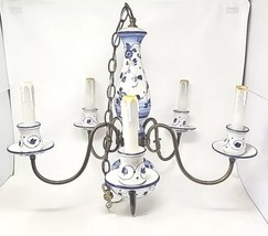 Vtg Delft White Blue Ceiling Light Fixture Chandelier 5 Arm Porcelain Brass - £707.71 GBP