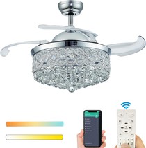 Fandelier, Infinitely Dimmable Crystal Ceiling Fan Retractable Invisible Blade - £173.07 GBP